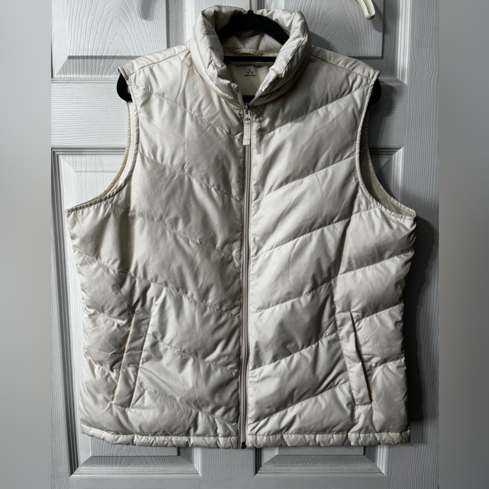 Women’s Land’s End White Ivory Goose Down Puffy Puffer Vest Size Large 14/16 EUC